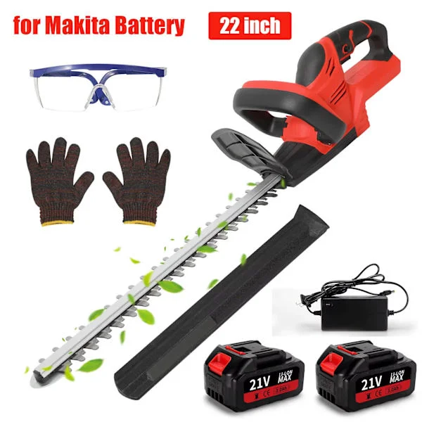 Harjaton 22-tuumainen johdoton pensasleikkuri - 1500 RPM, sähköinen puutarhapensaiden leikkaustyökalu Makita 21V akulle (2 akkua mukana)