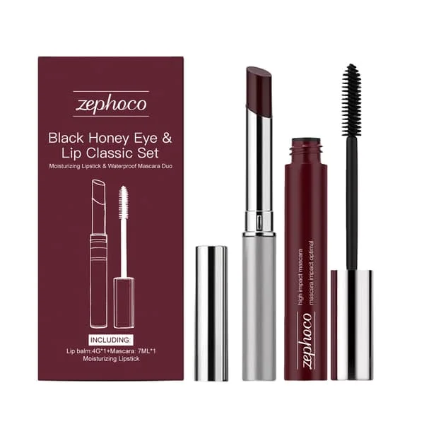 Black Honey Eye & Lip Classic Brown Set: Böjande Mascara, Återfuktande & Silkeslent Läppstift, Naturlig Färgåtergivning