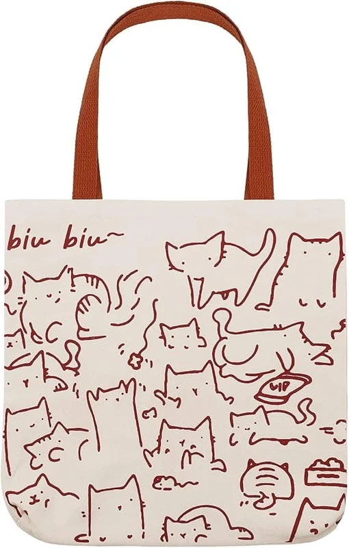 Katt Tote Bag med glidelås Dame Canvas Tote Bag, Gjenbrukbar Shopping Bag, Vaskbar Sammenleggbar Canvas Tote Bag for Kvinner Jenter