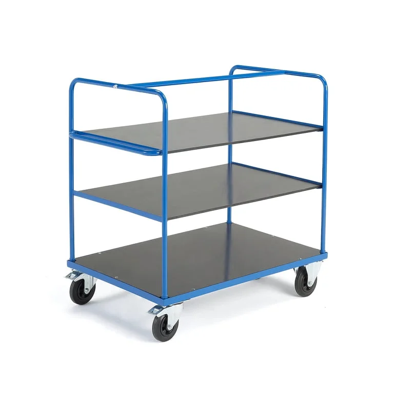 Shelf trolley TRANSFER, 3 shelves, 1200x800x1180 mm, rubber wheels, with brakes