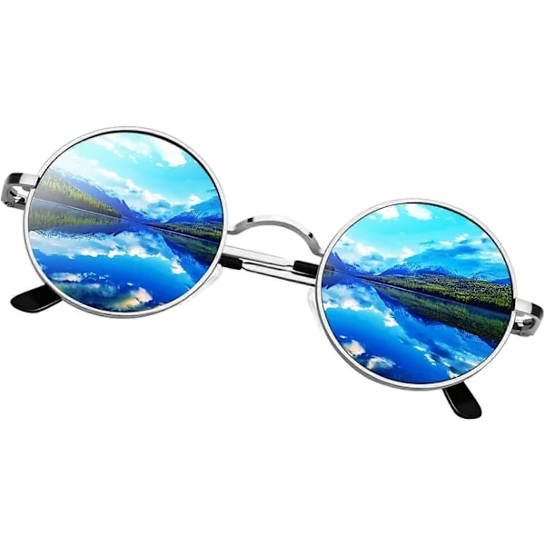 SCSYV runda solglasögon, unisex, 70-tals retro polariserade Lennon runda UV400 herr solglasögon, silverbåge, blå linser