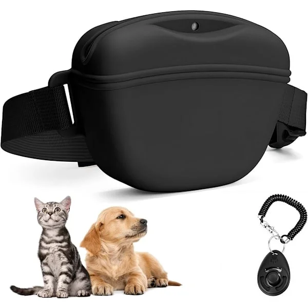 Dog Treat Pouch with Training Clicker, BPA-Free Silicone Snack Bag with Magnetic Leak-Proof Closure, for Walking and Training, Black 12.5 x 10.5 x 4 