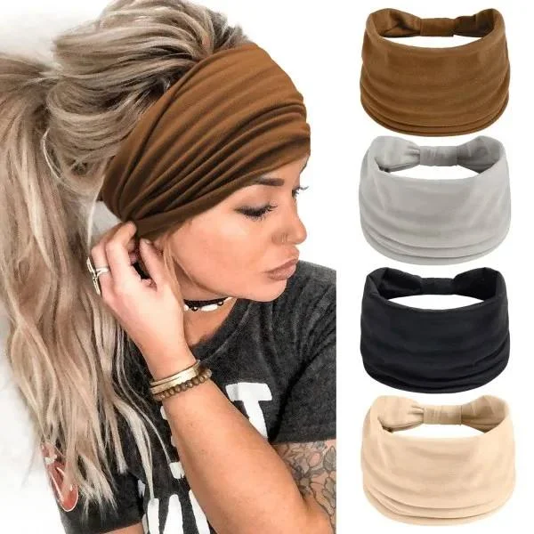 Hårband för kvinnor (4-pack), breda hårband, elastiskt löparbälte, yogabälte