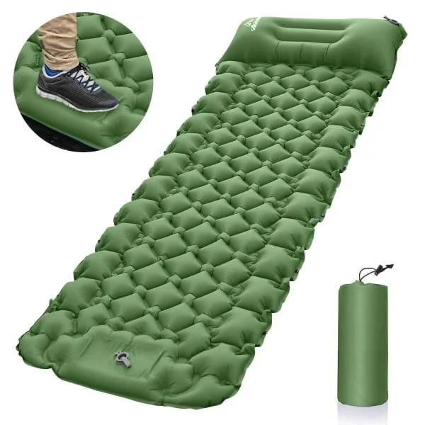 Inflatable Camping Mattress with Pillow and Foot Pump, Portable Lightweight Air Mattress for Camping, Travel, Hiking, Green [JUN]
