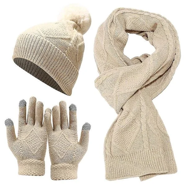 Vintermössa + lång halsduk + vantar Set för kvinnor och män - beige