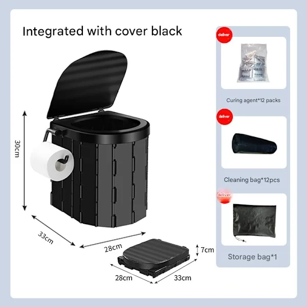 Bærbar campingtoilet sammenklappelig toilet med låg vandtæt Porta Potty bil RV telt toilet spand toilet potte sort Black—yux