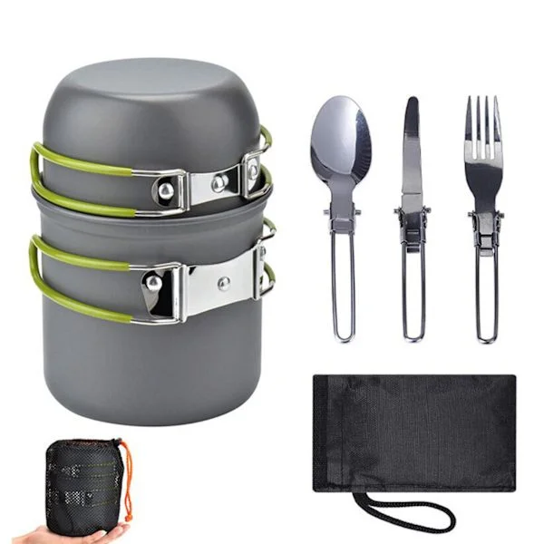 Bærbart Camping Kokekarsett Aluminiumlegering Gryte Kniv Gaffel Skje Sett Grønt Håndtak Fri Størrelse