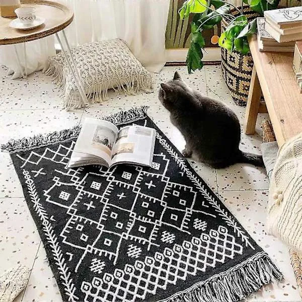 1 stk Boho Baderomsmatte, Boho Teppe Kjøkkenløper Svart og Hvit Baderomsmatte, Vaskbar Baderomsmatte Tribal Gårdshus Frynser Geometrisk Marokkansk 60*
