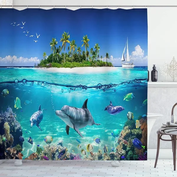 Duschdraperi Delfinmönster Undervattensblått Anti-mögel Baddraperier Ö Fisk Hav Tropiskt Tryckt Långt Polyestertyg Vattentätt 180x200 cm