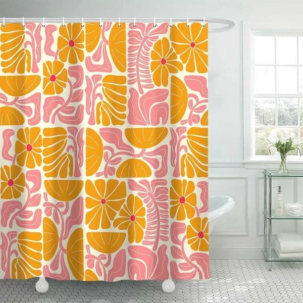90x180cm Bohemian Shower Curtain Abstract Colorful Floral Vintage Retro Patchwork Matisse Orange Pink Floral Botanical Geometric Aesthetic Groovy Deco