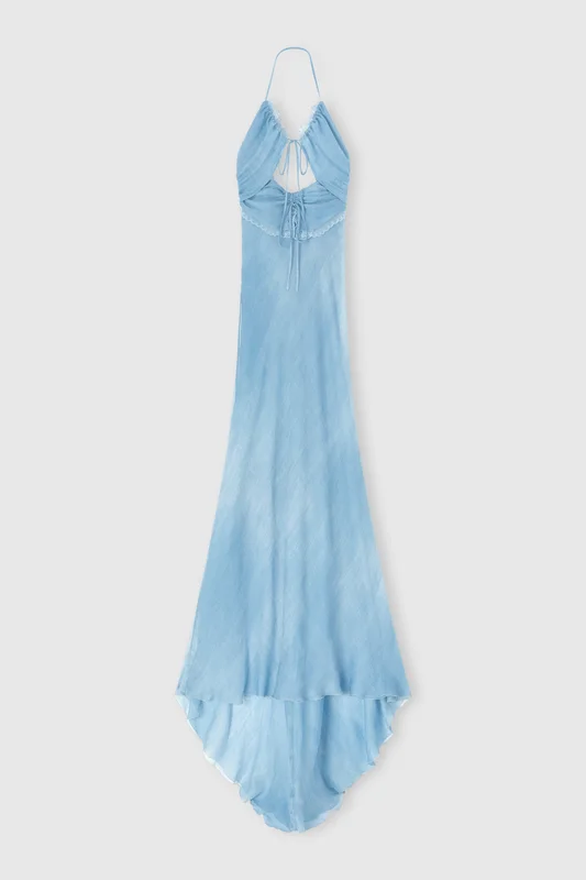 Ermanno Scervino Long Lingerie-Style Dress in Silk Jeans Print with Lace Details, Light Blue