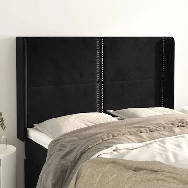 Sänggavel - Sänggavel med öron - Svart sammet - 147x16x118/128 cm - Ben i massivt trä