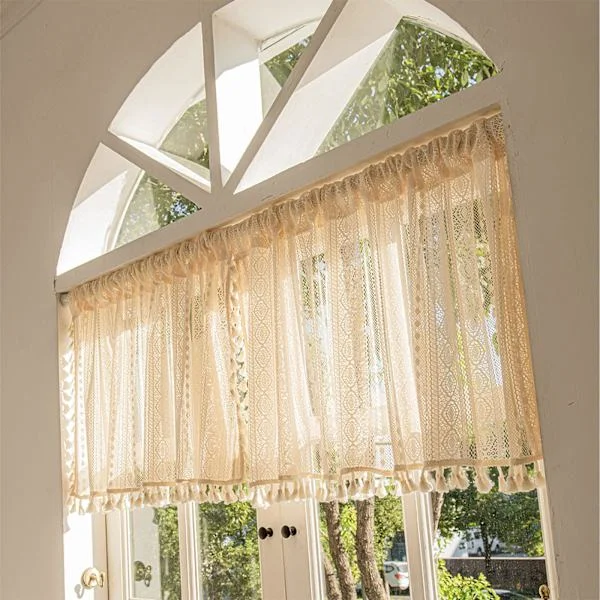 Naturlig farget lin gardin, beige lin voile gardiner, beige lin gardin med dusker og maljer, korte gardinpaneler for interiør (148 x 46 cm)