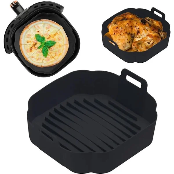 Førsteklasses firkantet silikone bageform til Airfryer Sort (18cm) – Airfryer Tilbehør – Silikone Airfryer Bakker – Silikone Airfryer Kurv