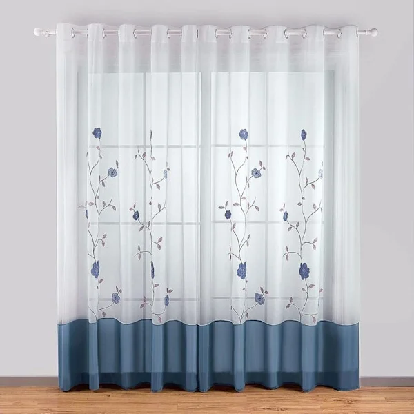 1 stk. transparent gardin med blomsterbroderi for soverom, kjøkken, stue, 140 cm x 175 cm, solrik blå