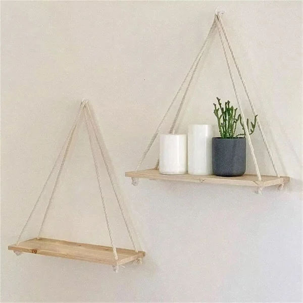 Vegghylle i tre med hampetau, hengende, flytende, til stue, plantepotte, blomsterpotte, brett, oppbevaring, hagedekorasjon (beige)