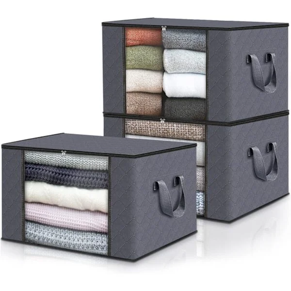 Clothing Storage Boxes, Storage Bags for Clothes, Wardrobe Organizer, with Reinforced Handles (Dark Grey, 3-Pack)