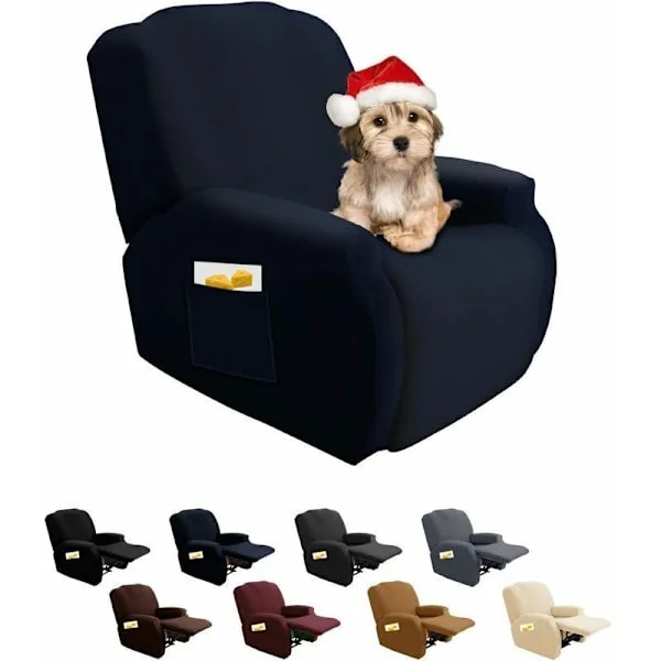 Stretch Recliner Cover 1 Seater with Side Pocket 4-Piece Washable Universal Fit Navy Blue for Massage Chairs