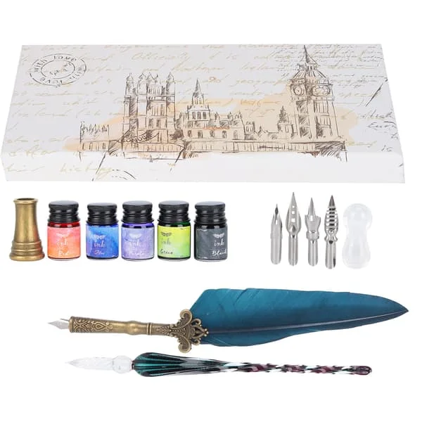 Calligraphy Pen Set Glass Ink Feather Fountain Pen with Replaceable Nibs Writing Gift Box KitSP118033 Navy Blue