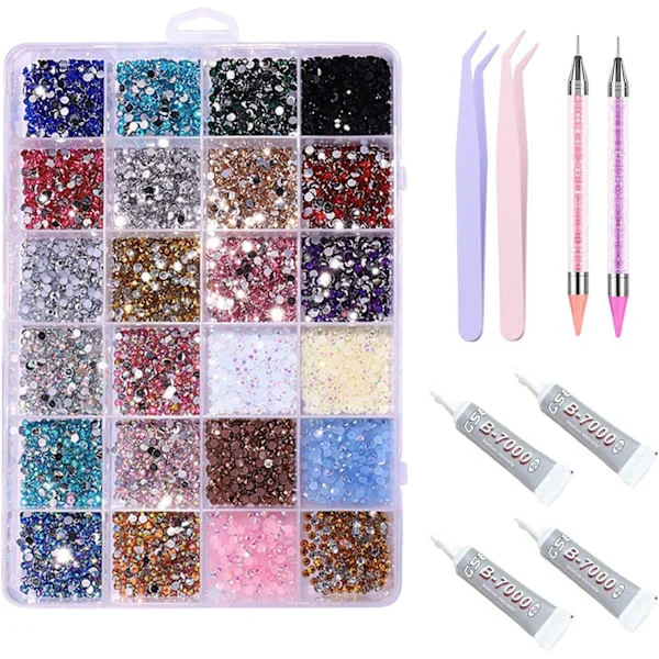 Bedazzling Kit: 24 färger strass, 2 pincetter, 2 limstift, 4 lim lämpliga för gör-det-själv-hantverk, kläder, glasögon, skor, tyg nagelkonst