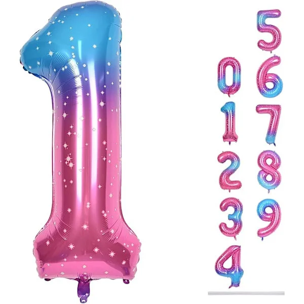 40-tommer Gradient Regnbue Nummer 1 Folieballon, Stor Selvforseglende Helium Mylar Nummerballon til 1-års fødselsdag, jubilæum, festdekoration til