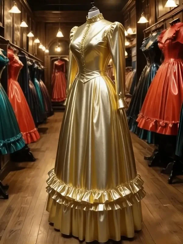 AliExpress - Glänzendes goldenes PVC-Abschlussballkleid mit langen Ärmeln, bodenlang, A-Linie, Vintage-Abendkleider, schwarz, blau, Cosplay-Party-