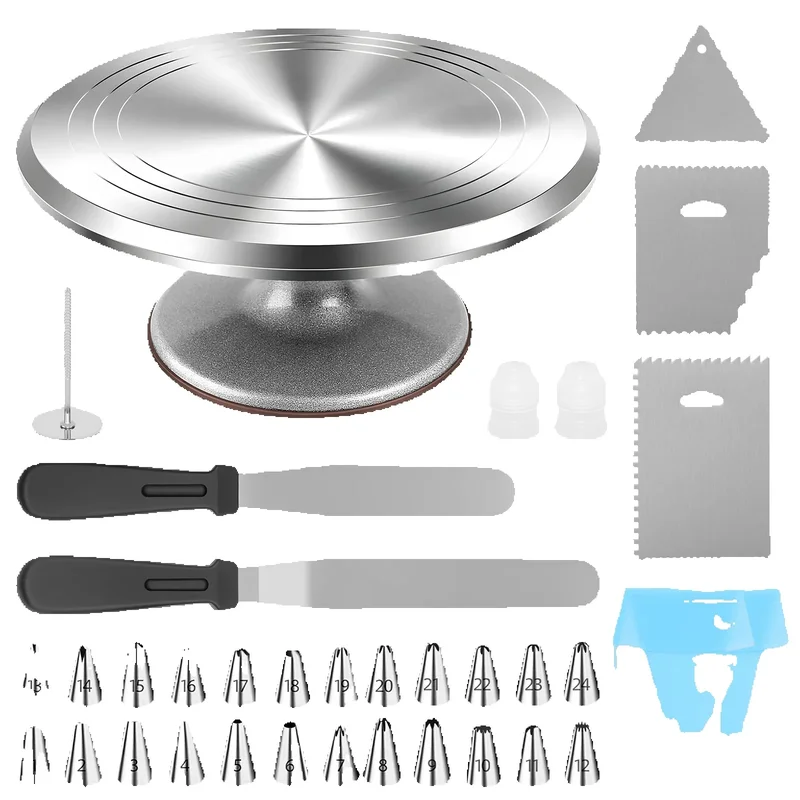 AliExpress - 35-teiliges Tortenplatte-Set, 30 cm Aluminium-Drehständer mit 24 Spritztüllen, Edelstahl-Spatel, Schaber