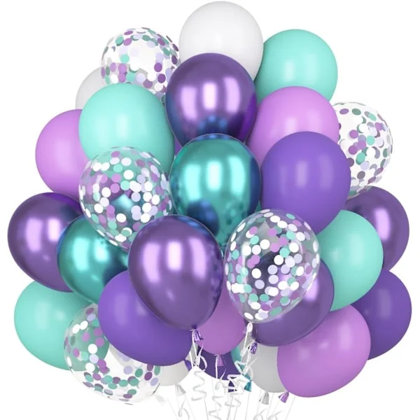 Lila turkosa ballonger, 60 st ballonger, grön, lila, metallisk konfetti, makaron, lila, blå, grön, matta ballonger för födelsedag, bröllop, flicka