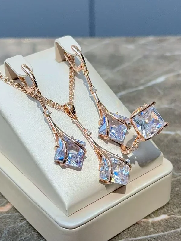 AliExpress - Kinel Hot Square Weiß Natürliche Zirkon Schmuck Sets für Frauen 585 Rose Gold Farbe Ring Ohrringe Halskette Täglichen Vintage-Schmuck