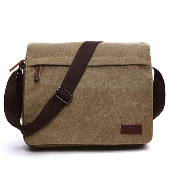 Herre skuldertaske i kanvas, herre taske, laptop taske til 14 tommer laptop, skuldertaske/budtaske/messenger taske, khaki
