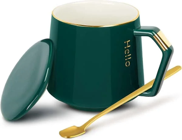 Ceramic Mug Coffee Mug with Lid Coffee Cup + Stainless Steel Spoon, 380ml Tea Mug (Green)