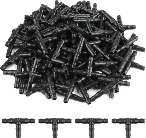 100 stk T-koblinger Vanningssystem 1/4 tomme piggkobling Dryppvannings T-rør - PVC Sprinkler Automatisk Vanningssystem Verktøy