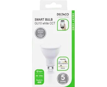 Deltaco Smart GU10 Vit, WiFi, 4.5W, 2700K-6500K, dimbar - Smart LED-lampa, kall- och varmvit, GU10 sockel