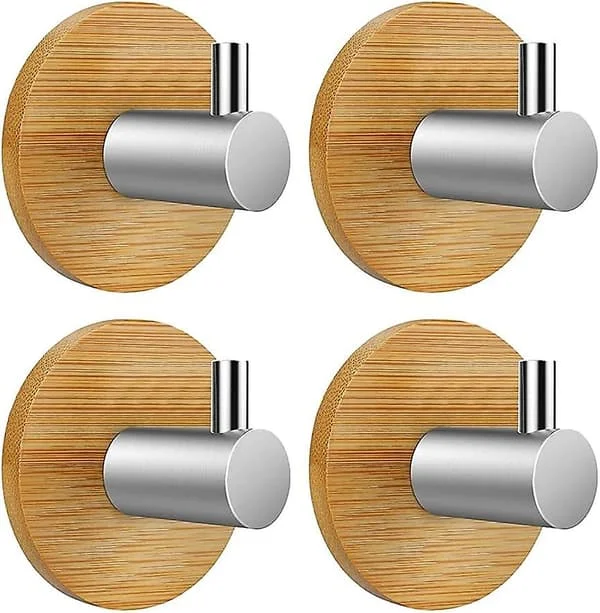 Självhäftande Krok Väggkrok Självhäftande Krok Badrum Kök Kontor Dörr, 4-pack (bambu och rostfritt stål, rund)