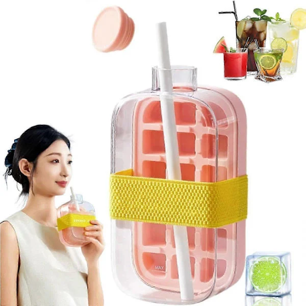 [RM]2-in-1 Ice Cube Tray Water Bottle with Straw, Touch-Free Easy Release Freezer Storage Bottle, Ice Mold Water Bottle for Juice Coffee Pink