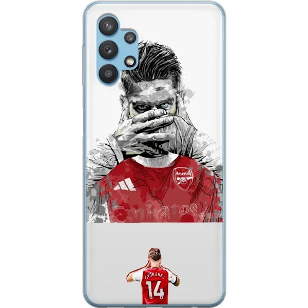 Kompatibelt Mobilskal till Samsung Galaxy A32 5G Illustrerad Viktor Gyökeres i en röd fotbollströja med dramatisk sportdesign för Arsenalfans