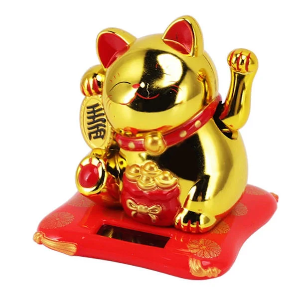 Soldrevet Vinkende Kat Velstand Velkomst Soldrevet Sød Glad Lykkekat Lykkekat Statue Ornament til Hjemmebilindretning Velsignelsespose Guld