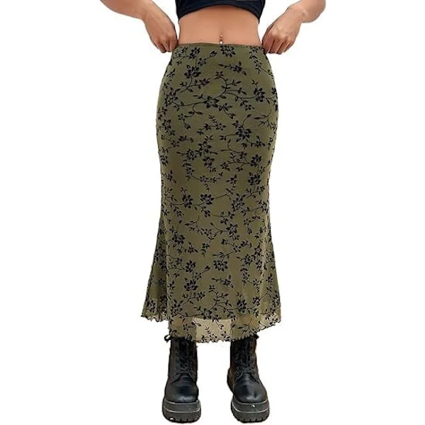 Lettuce Trim Hög Midja Mesh Fishtail Bodycon Lång Kjol för Dam
