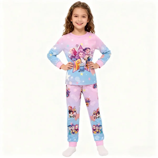 K-POP Tjejgrupp Trollkarl Anime Karaktär Barn Långärmad Byxa Tryckt Pyjamas Set (Tvådelat Set) Rosa