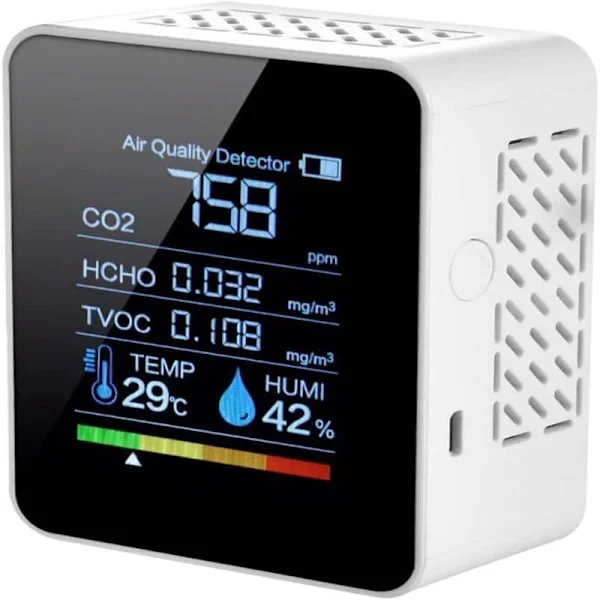 Koldioxid Detektor, 5-i-1 Luftkvalitetsdetektor, Inomhus CO2-mätare, Digital TVOC HCHO-monitor, Temperatur- och Fuktighetsmätare