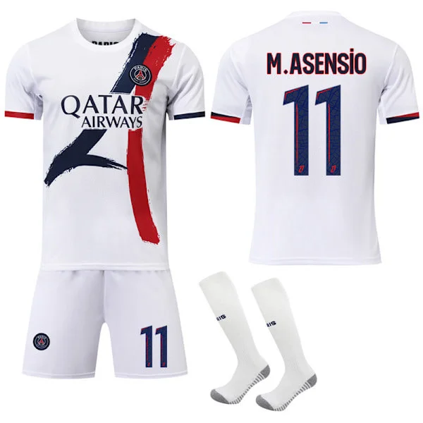Paris Saint-Germain 2024-2025 Udebanesæt Fodboldudstyr Børn & Voksne Hvid Trøje med Strømper Nr. 11 M.Asensio Fodbolduniform Sæt 22 Nr. 11 M.GENERAL