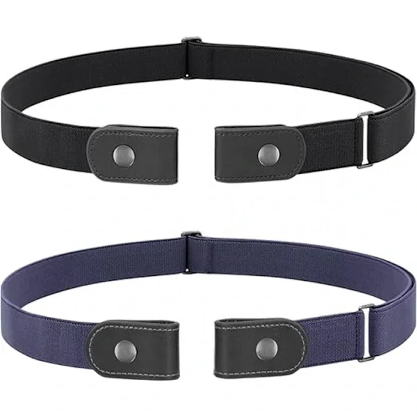 Sæt med 2 spændeløse bælter - Unisex - Justerbart spænde - Bælte uden spænde - Usynlig elastisk linning - Perfekt til jeans - Mørkeblå, Sort_yu