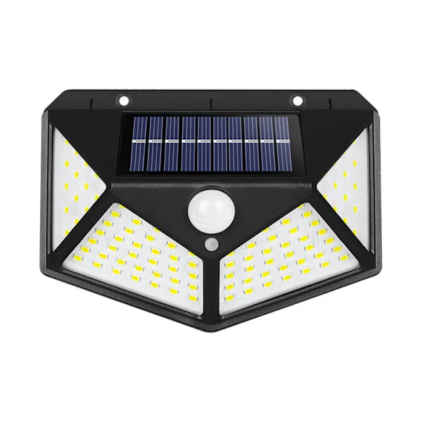 Solcelledrevet vegglampe for hjemmet med 100 LED-lys, bevegelsessensor, utendørs, hage, oppladbart solcellepanel, vegglampe, for innendørs og utendørs