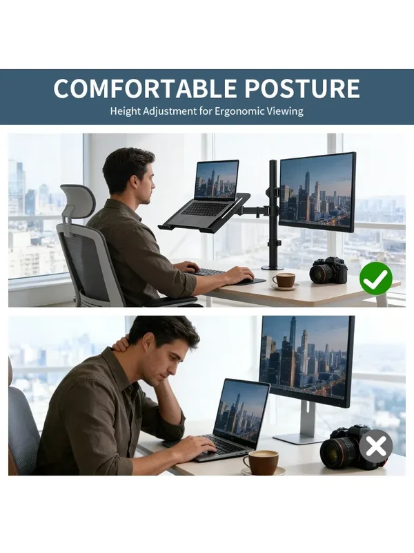 AliExpress - Doppelter Monitorarm mit Laptop-Ablage, Verstellbare VESA-Halterung für 13-32 Zoll Bildschirme, Ergonomischer Schreibtischständer für 
