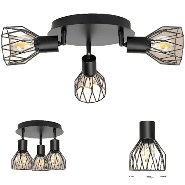 3-Arm Lysekrone, Justerbare Wire Cage Lygter, E14 Pærebase, Moderne Stil, Ingen pære, sort