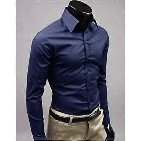 Men's Long Sleeve Business Shirt, Solid Color, Formal, Casual Dress Shirt (L Navy Blue)