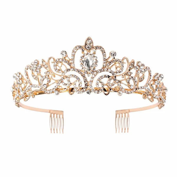Guldkrystal Tiara Krone Hårbånd Prinsesse Elegant Krone, 02 Guld