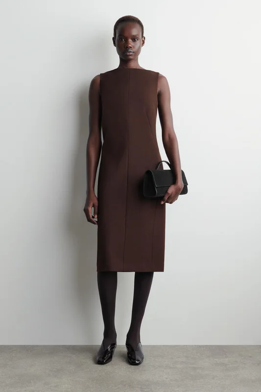 COS Damen Elegantes Midikleid Aus Wolle - Braun