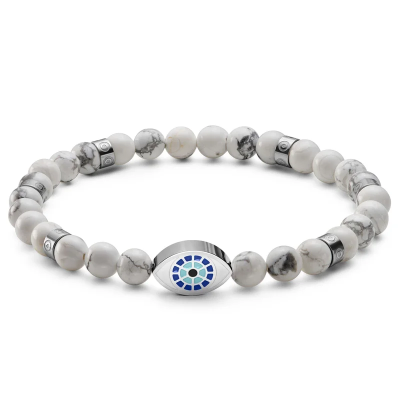 Evil Eye | Silver-tone Howlite Bead Bracelet for Men - Beaded bracelets