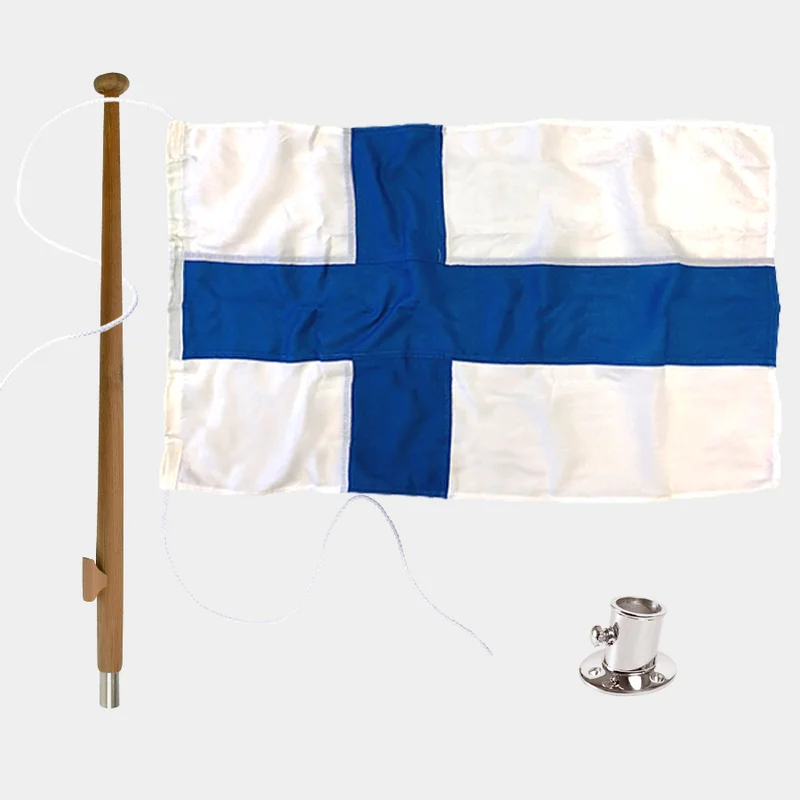Sada s lodní vlajkou Adela Original, Finsko, námořní polyester (170 g / m²), 50 cm x 30 cm + stožár na vlajku Ø25 mm, 60 cm z teaku + držák stožáru z 